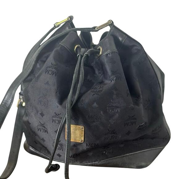Vintage MCM Bag Black Nylon with Leather Trim Visetos Drawstring Bucket Bag - Picture 2 of 15